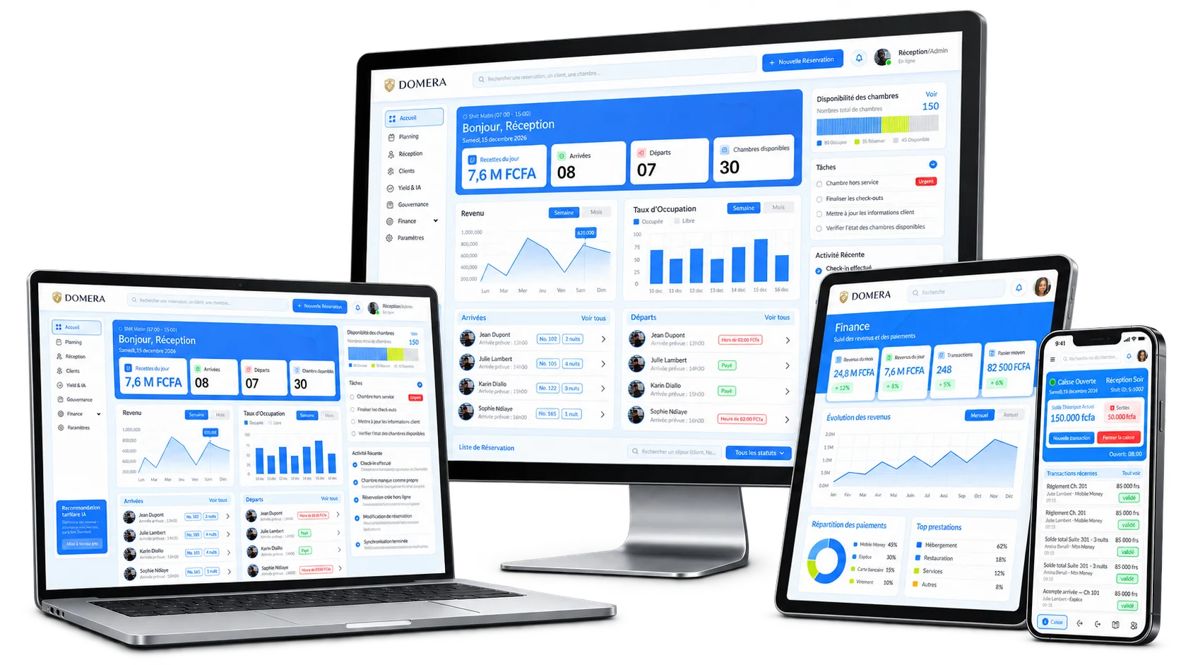DOMERA on desktop, tablet and phone connecting office and field teams.