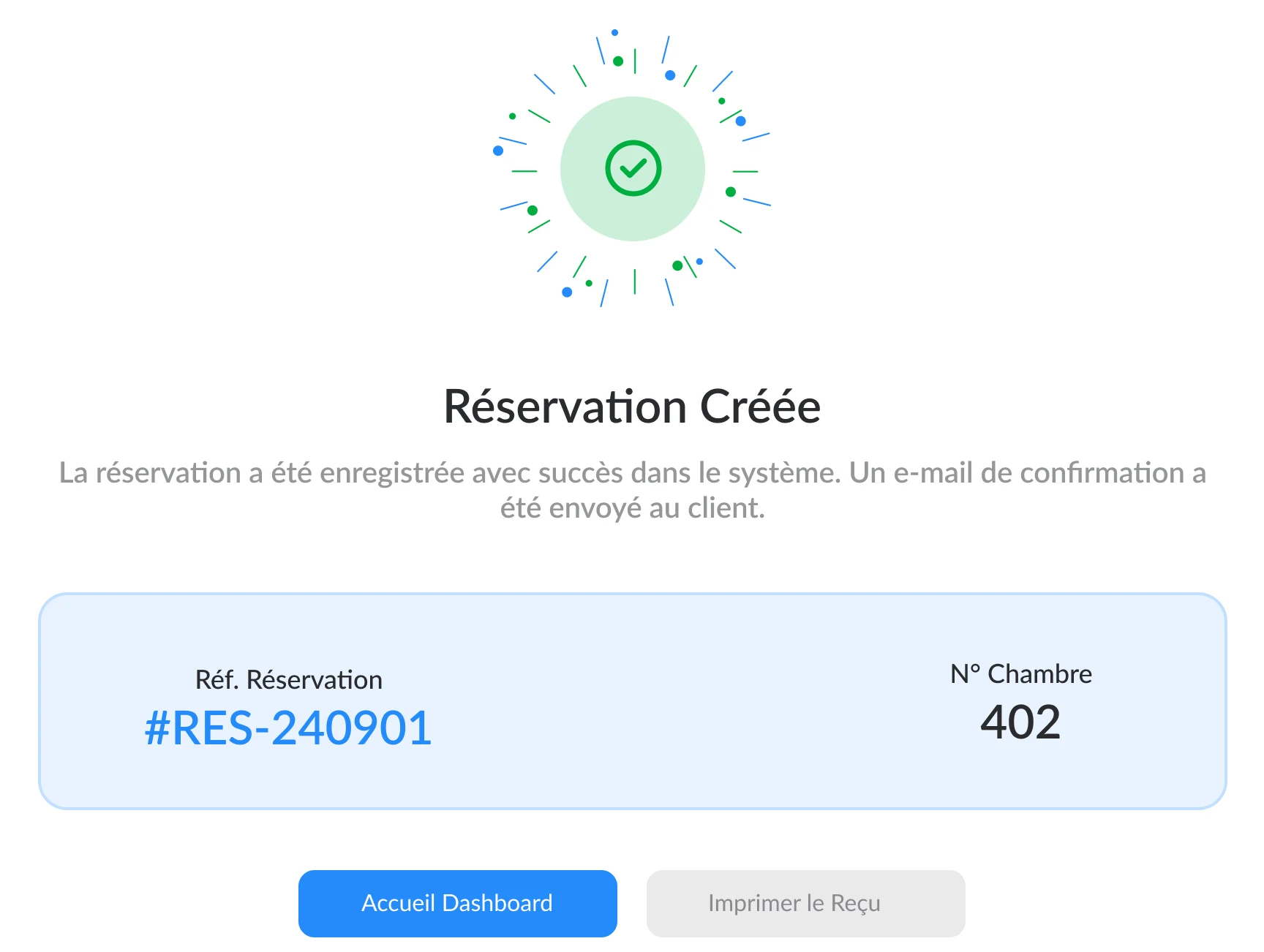 Confirmation de réservation dans le parcours DOMERA.