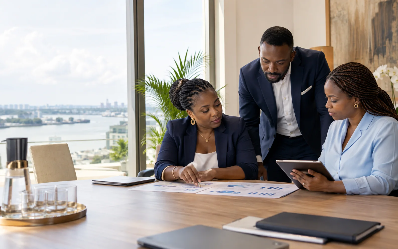 Editorial scene: a management team reviews a property’s activity.