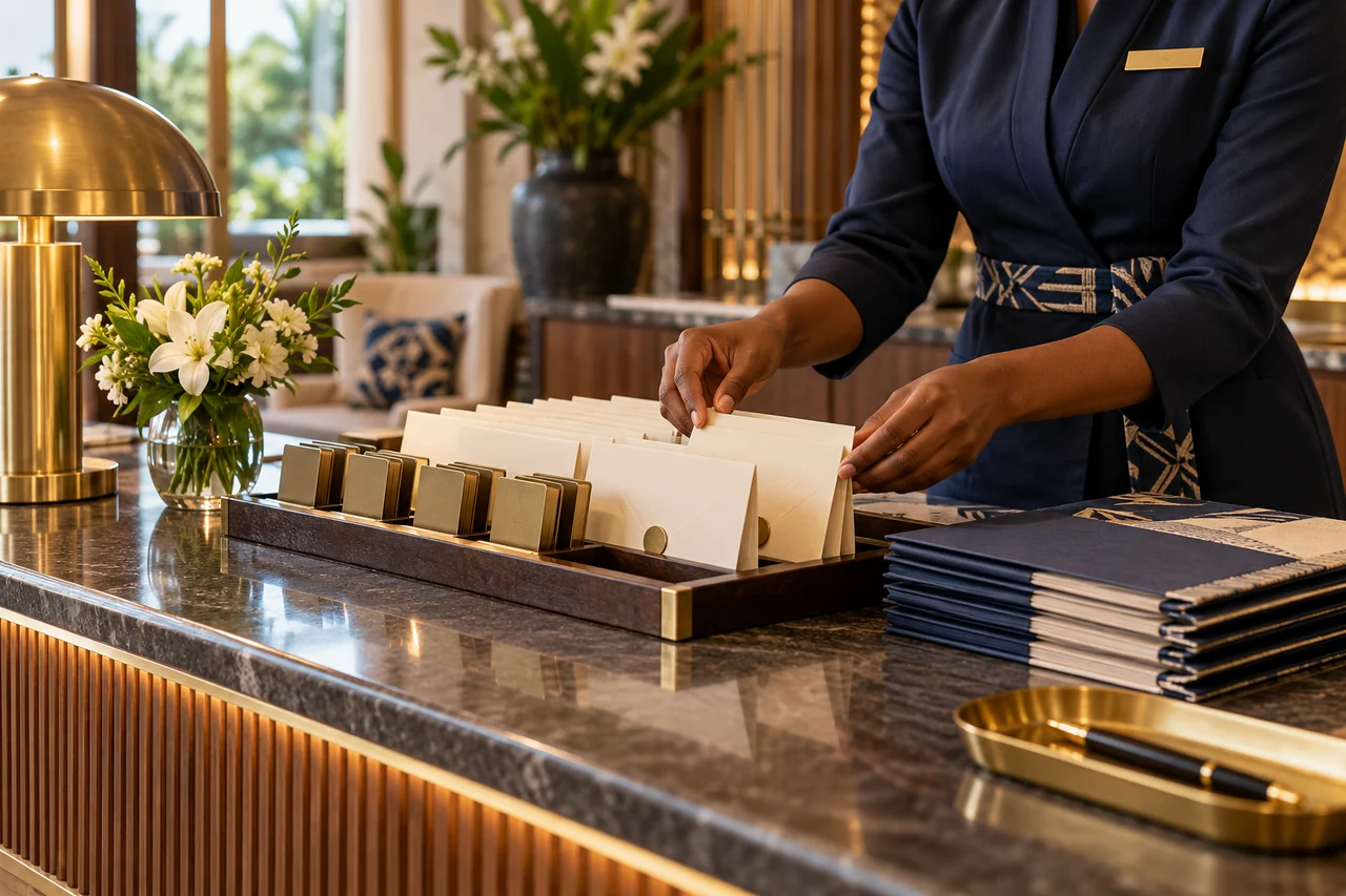 Preparing envelopes and keys before guest arrivals, illustration.