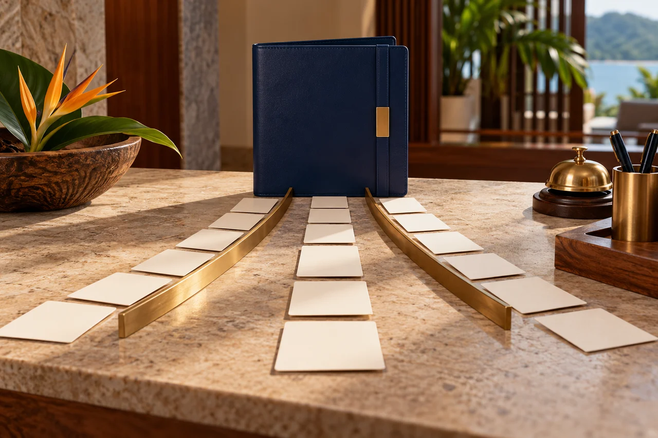 Three paths converge on a booking folder, conceptual illustration.