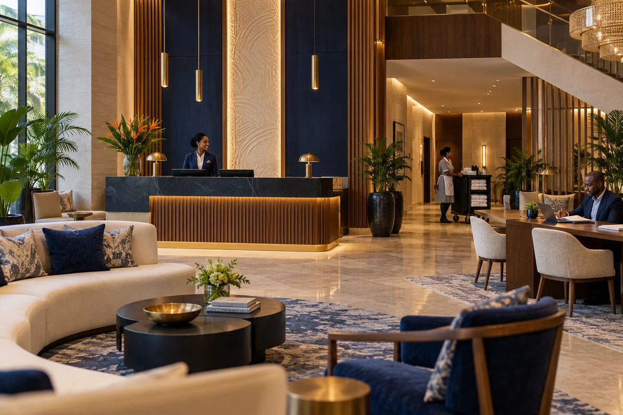 Reception, housekeeping and management in one space, illustration.