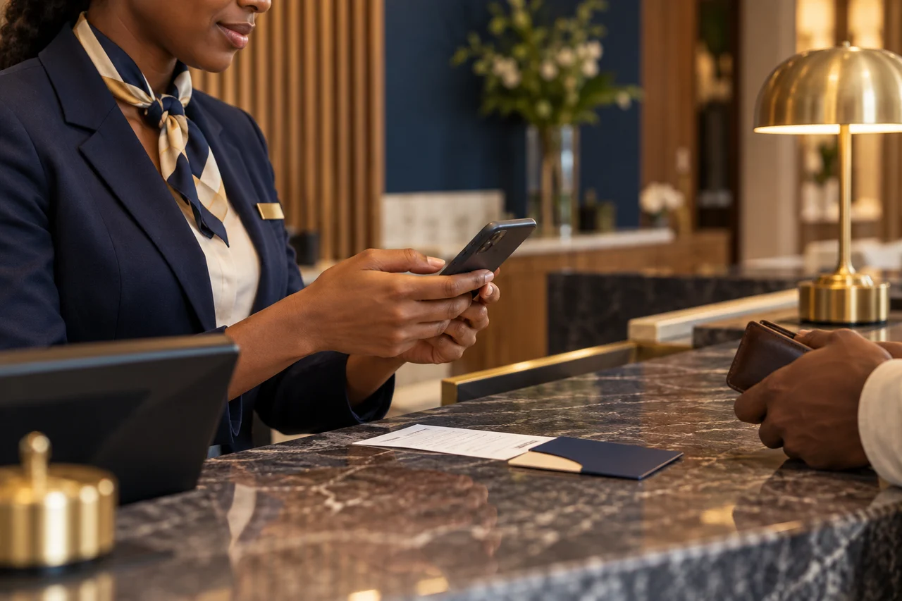 Tracking a phone payment at reception, illustration.