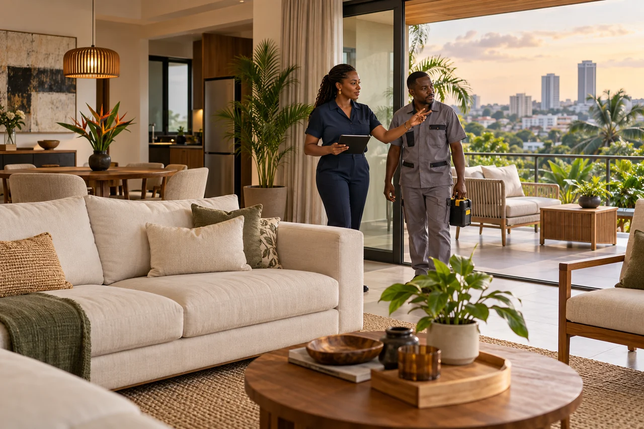 Preparing a furnished residence, illustrative scene.