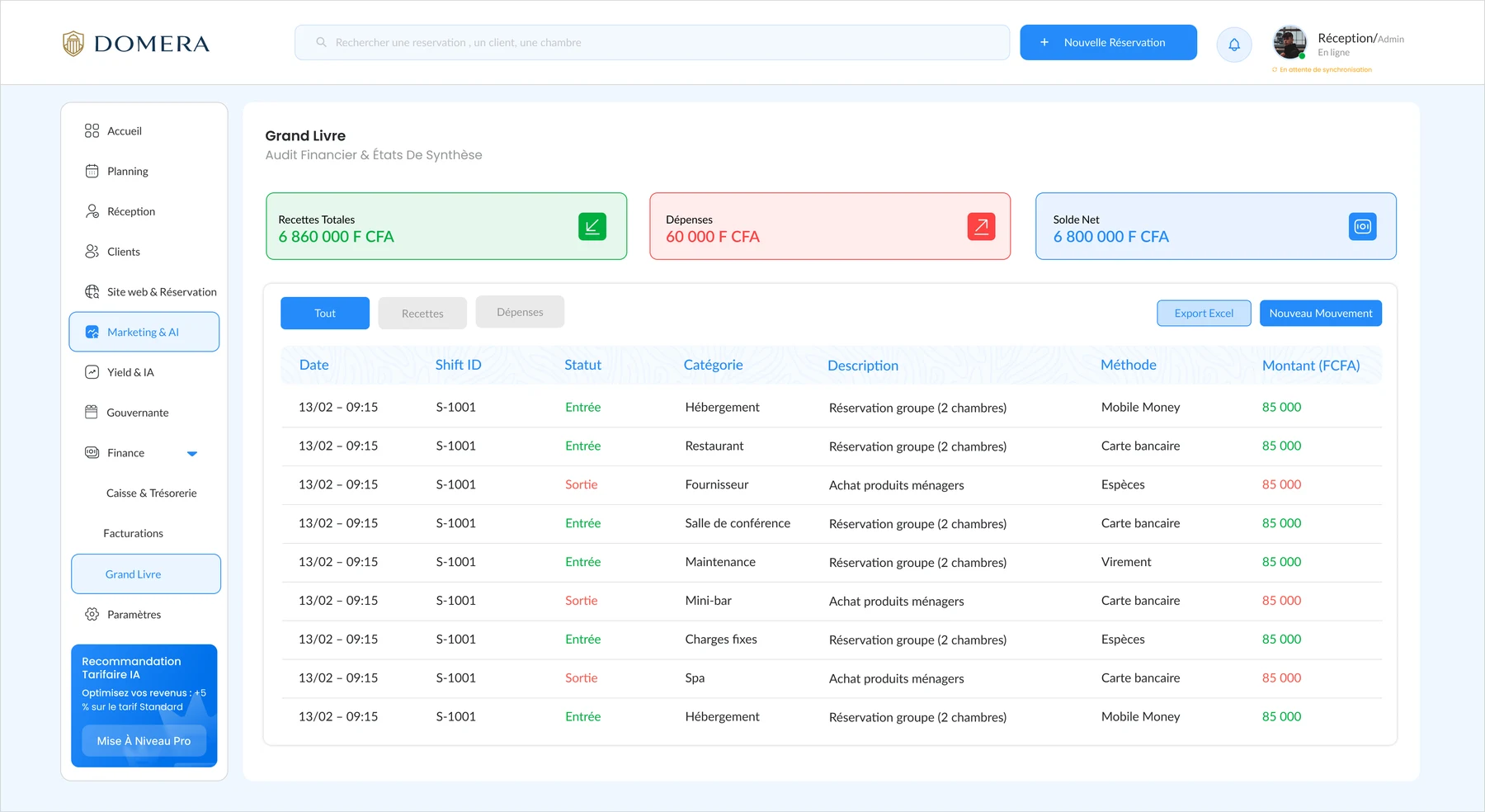 DOMERA finance workspace with revenue, expenses, balance and reconciled movements.