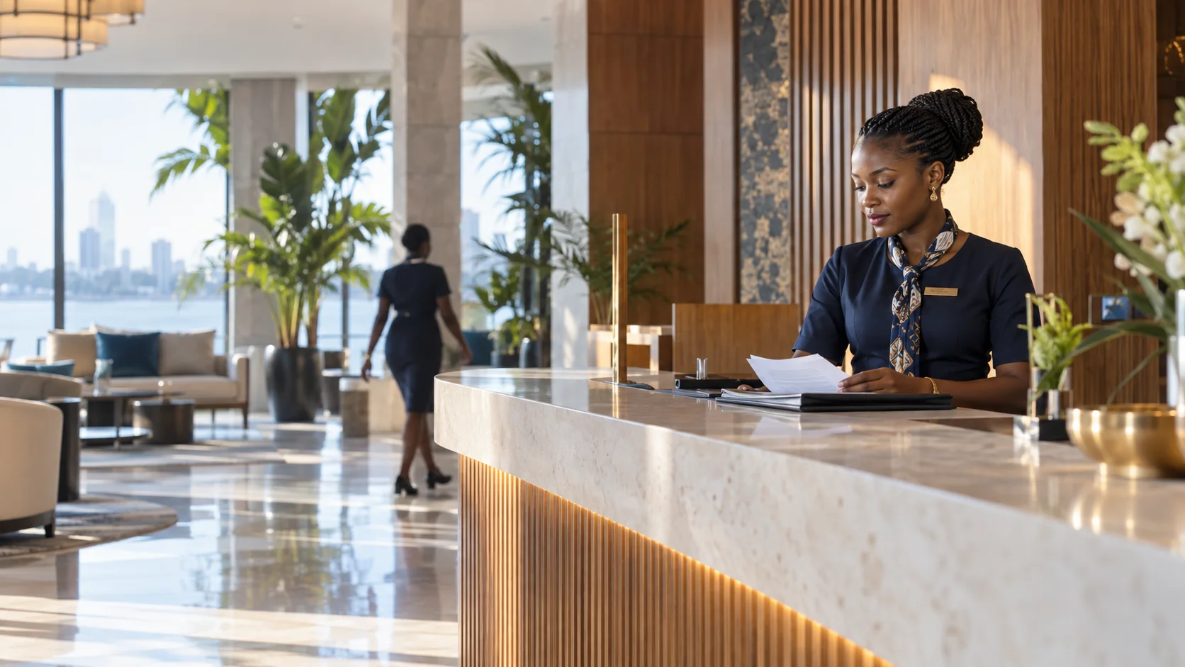 Editorial hospitality scene at a contemporary African front desk.