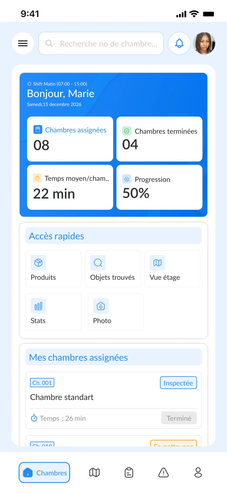 Tâches de préparation des chambres dans l’application mobile DOMERA.