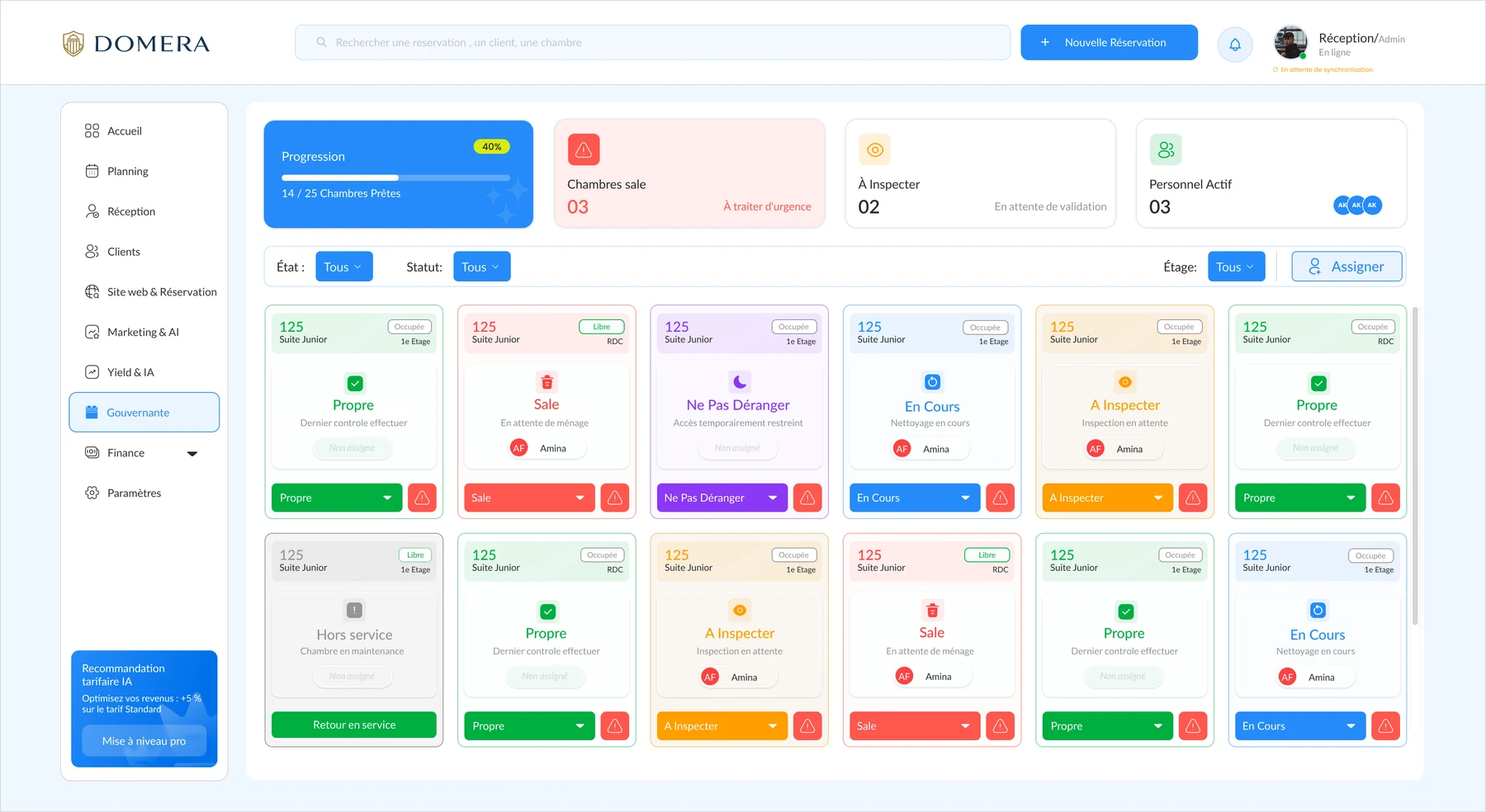DOMERA housekeeping workspace with progress, inspections and shared statuses.
