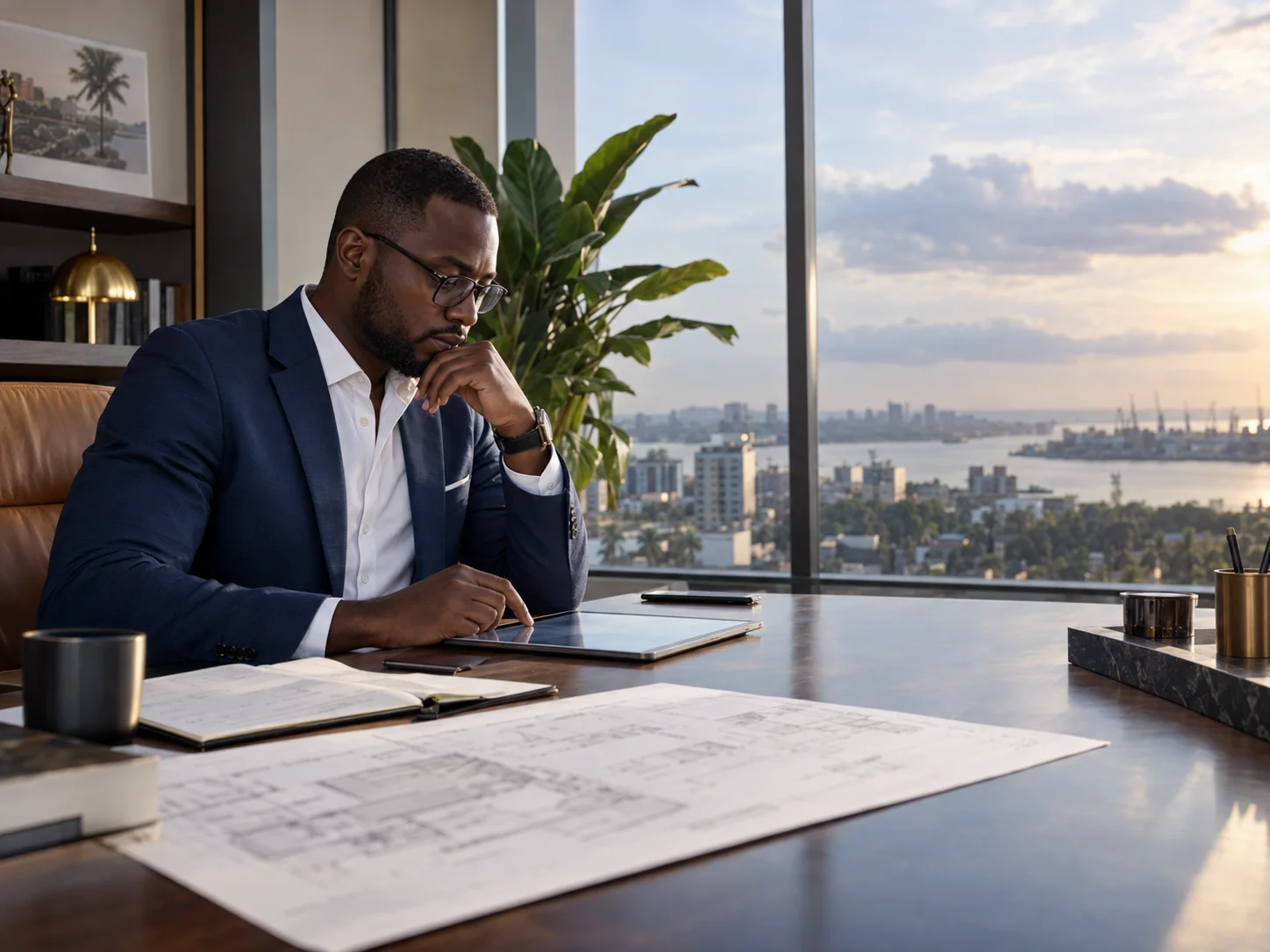 Editorial scene: a property investor reviews a portfolio dashboard.